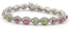 Exquisite 10.30CTW Oval & Pear Cut Faceted Multi Colored Tourmaline & Diamond Tennis Bracelet in 14K