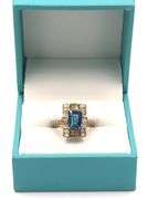 Stunning Very Rare 3.00CTS Emerald Cut London Blue Topaz & Diamond Ring in Sterling Silver