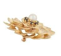Vintage 0.35ctw Sapphire and 5.50MM Pearl Flower Brooch in 14K