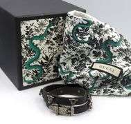 Gucci Anger forest bull head silver and leather wrap bracelet