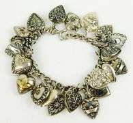 Antique Sterling Silver Puffy Heart Charm Bracelet