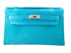 Hermes Kelly Doblis Mini Turquoise Suede Clutch W/Dustbag