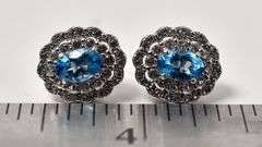 Blue Topaz and CZ Gemstone Stud Earrings in Sterling Silver