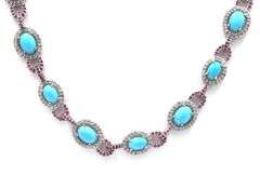 Inspiring 21.15CTW Oval Cabochon-Cut Turquoise, 4.25CTW Single Cut Faceted Rubies & 4.25CTW Diamond 