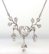 Vintage heart flower diamond dangle pendant on chain necklace in white gold