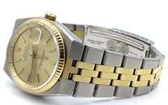 Rolex date just 2 tone 36mm champagne stick dial on fluted bezel in oyster quartz bracelet watch