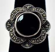 Onyx and Marcasite Ring in Sterling Silver