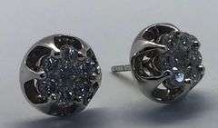 14K White Gold Round Brilliant Cut Diamond Cluster Earring