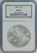 Blazing-white solid Gem BU 1881-S Morgan Silver Dollar. NGC MS65