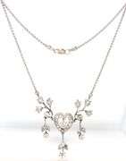 Vintage heart flower diamond dangle pendant on chain necklace in white gold