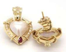 18kt Yellow gold heart mabe pearl, ruby and diamond accent earrings