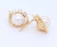 14kt Yellow gold 6mm pearl and diamond accent earrings