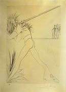 Rare Salvador Dali Pencil Signed Etching on Parchment Paper from 'Roi je t'attends à Babylone' suite