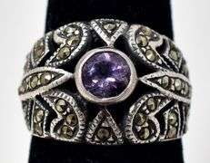 Amethyst and Marcasite Ring in Sterling Silver