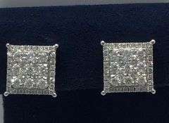 14K White Gold Round Brilliant Cut Diamond Cluster Earring