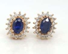 14kt Yellow gold oval blue sapphire halo diamond stud earrings
