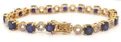 Adorable 18.00CTW Round Faceted Blue Sapphire & Diamond Bracelet in 14K Yellow Gold Over Sterling Si