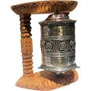 Large Tibetan Prayer Wheel with Wood Frame