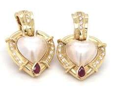 18kt Yellow gold heart mabe pearl, ruby and diamond accent earrings