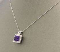 10kt White gold square amethyst and diamond halo pendant on chain