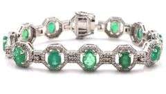 Sparkling 9.98CTW Oval Shaped Emerald-Cut  Natural Emerald & 2.68CTW Diamond Bracelet in 14K White G