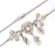 Vintage heart flower diamond dangle pendant on chain necklace in white gold