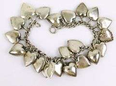 Antique Sterling Silver Puffy Heart Charm Bracelet