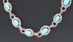 Inspiring 21.15CTW Oval Cabochon-Cut Turquoise, 4.25CTW Single Cut Faceted Rubies & 4.25CTW Diamond 