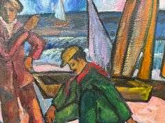 Remarkable oil on burlap art by Manor Shadian (1931- ) Manor Shadian Boat People