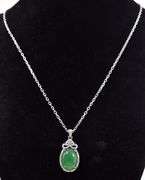 Angelic 6.85CTS Oval Shaped Cabochon-Cut Green Chalcedony & Colorless Sapphire Gemstone Pendant Neck