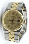 Rolex date just 2 tone 36mm champagne stick dial on fluted bezel in oyster quartz bracelet watch
