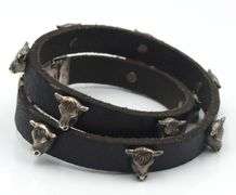Gucci Anger forest bull head silver and leather wrap bracelet