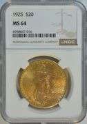 Better date 1925 St. Gaudens $20 Gold Piece. NGC MS64
