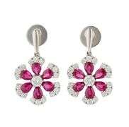 New 2.40ctw Ruby and 0.81ctw Diamond Flower Drop Earrings in 18K