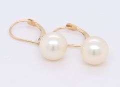 14kt Yellow Gold 8.5mm Pearl Drop Huggies Earrings