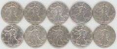 Run of 10 nice AU Walking Liberty Half Dollars 1938 to 1946