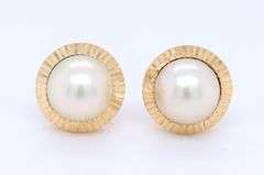 Elegant White Fresh Water Pearl Stud Earrings in Yellow Gold