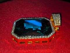 14 K Gold Plated Huge 62.5 Ct Simulated Emerald Diamond Pendant