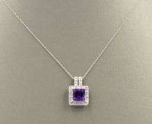 10kt White gold square amethyst and diamond halo pendant on chain
