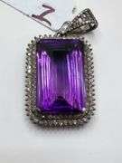 Striking 26.84ct Emerald-Cut Amethyst Pendant with 1.61ct Natural Diamonds in Sterling Silver