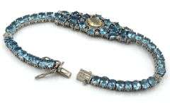 Sparkling 15.00CTW  Oval Emerald-Cut Blue Topaz & Diamond Bracelet in Antique 14K Gold Over Sterling