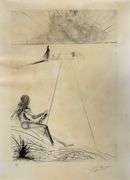 Rare Salvador Dali Pencil Signed Etching on Parchment Paper from 'Roi je t'attends à Babylone' suite
