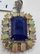 Exquisite 36ct Tanzanite with 1.21ct Natural Diamonds & 14 Rare Opals in silver pendent