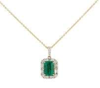 New 1.81ct Emerald Cut Emerald and 0.49ctw Diamond Frame Pendant Necklace in 14K