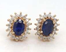 14kt Yellow gold oval blue sapphire halo diamond stud earrings