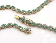 Mesmerizing 12.50CTW Oval Shaped Faceted Natural Emerald & 5.00CTW Diamond Tennis Necklace in 14K Ye