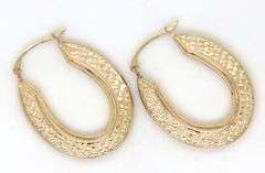 14kt Yellow gold Engraved oval hoops