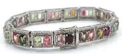 Sparkling 13.75CTW Oval Emerald-Cut Multi Colored Tourmaline & 2.02CTW Diamond Bracelet in 14K White