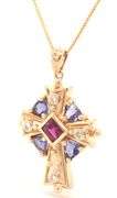 14kt Yellow gold Garnet, Tanzanite and diamond accent cross pendant on chain