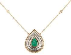 New 1.61ct Pear Emerald and 0.58ctw Diamond Double Frame Pendant Necklace in 14K